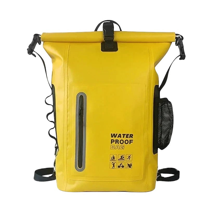 zero2cart 30L yellow waterproof dry bag backpack with roll-top closure, front zipper pocket, and side mesh pocket.