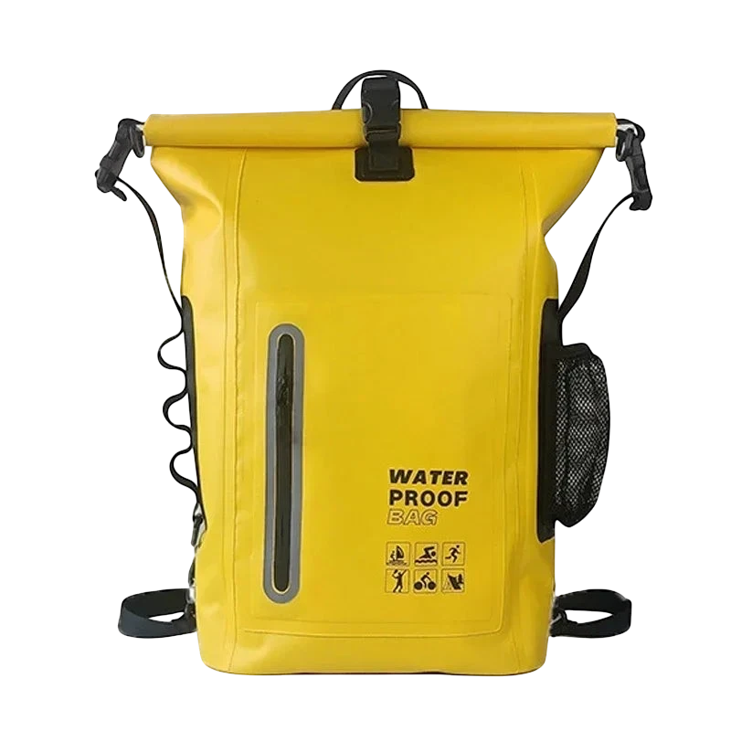 zero2cart 30L yellow waterproof dry bag backpack with roll-top closure, front zipper pocket, and side mesh pocket.
