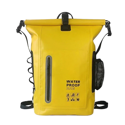 zero2cart 30L yellow waterproof dry bag backpack with roll-top closure, front zipper pocket, and side mesh pocket.