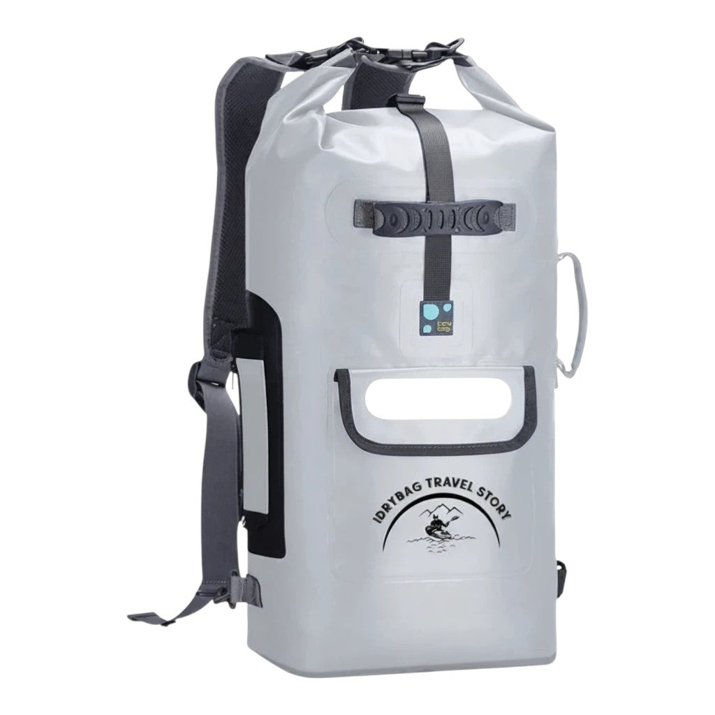 zero2cart 20L grey waterproof PVC dry bag backpack with roll-top closure and front pocket for outdoor water sports