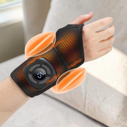 zero2cart wearable wrist massager with heating, vibration, and air compression features in a black fabric wrap design.