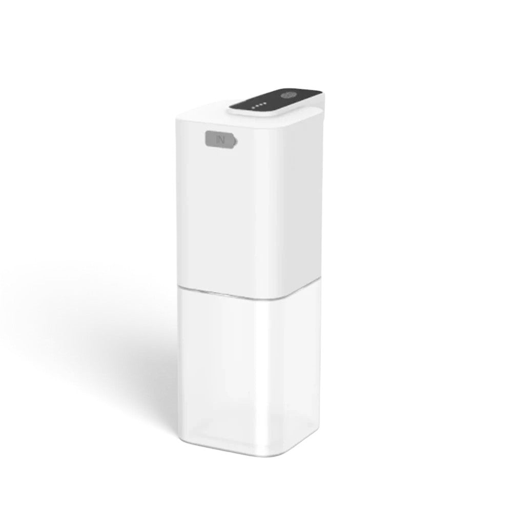 zero2cart white automatic touchless soap dispenser with a clear plastic reservoir and USB rechargeable design.