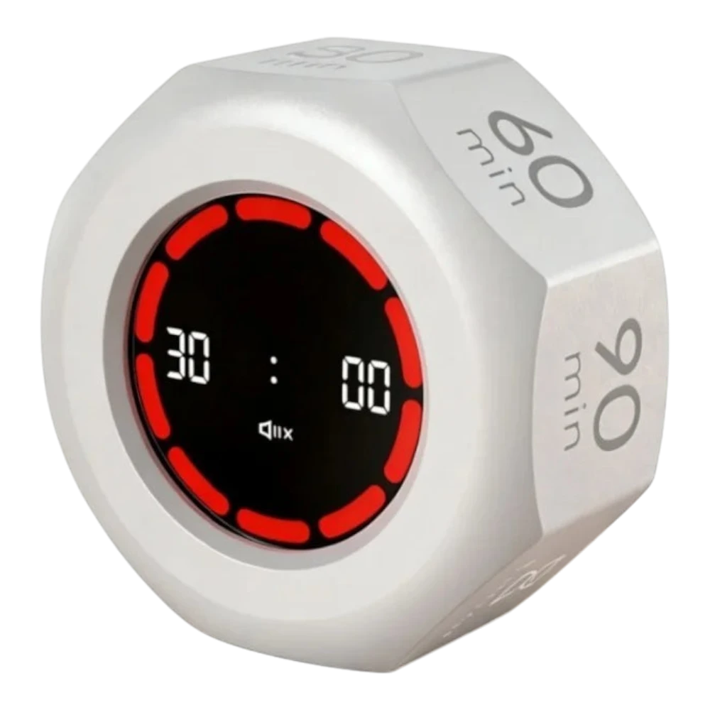 zero2cart white digital flip timer with LCD display, 7 quick-access time settings, and 3-level volume control.