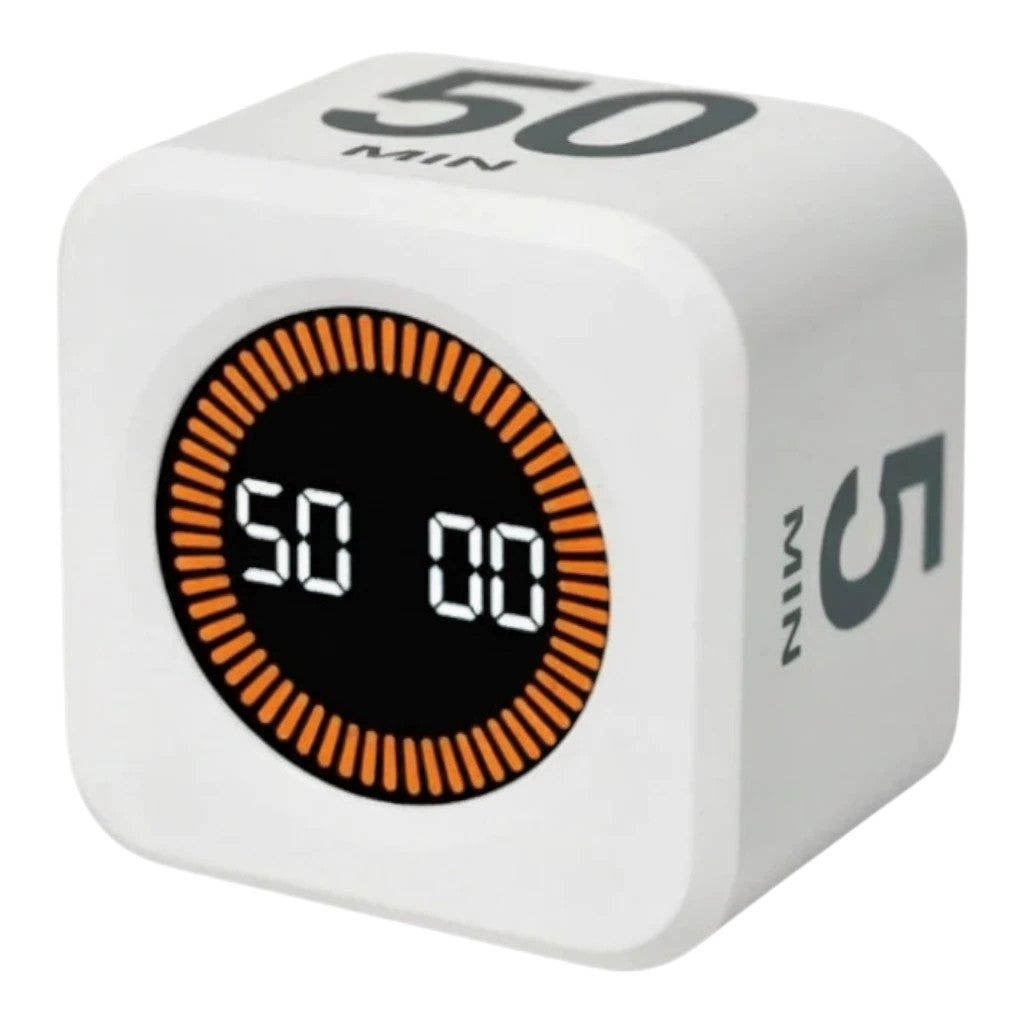 zero2cart white cube-shaped digital flip timer with an LCD display showing a 50-minute countdown for productivity.