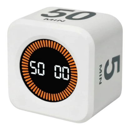 zero2cart white cube-shaped digital flip timer with an LCD display showing a 50-minute countdown for productivity.