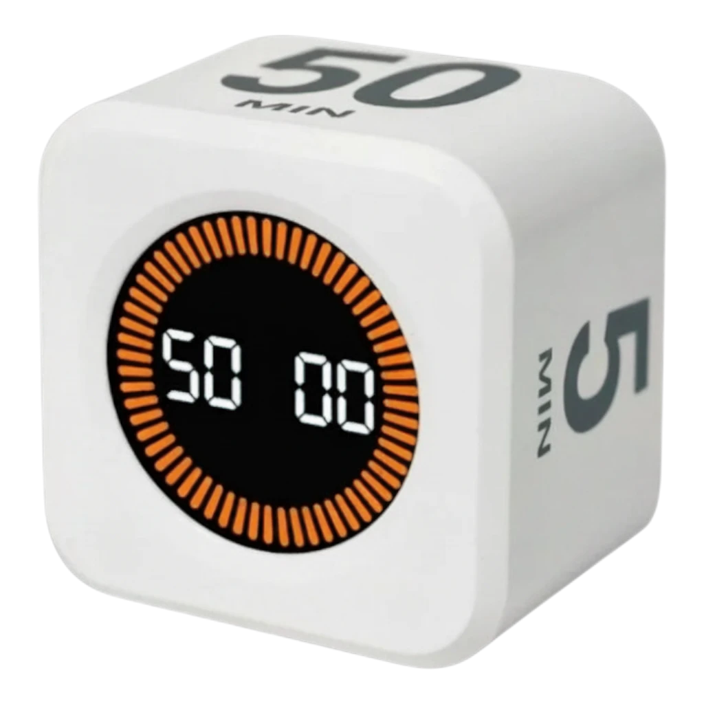 zero2cart white cube-shaped digital flip timer with an LCD display showing a 50-minute countdown for productivity.