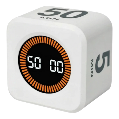 zero2cart white cube-shaped digital flip timer with an LCD display showing a 50-minute countdown for productivity.
