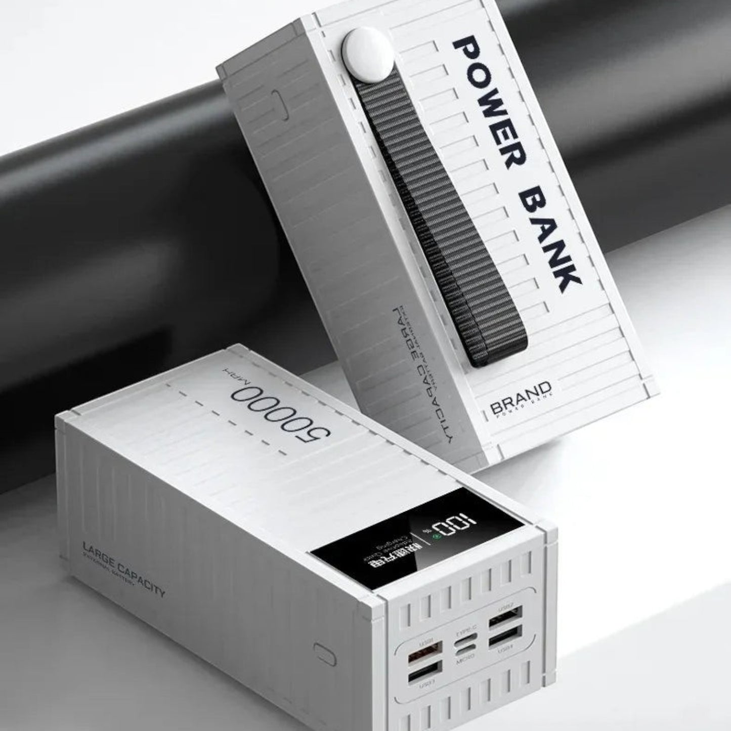 zero2cart 50000mAh portable power bank in white with a digital display, multiple USB ports, and a carrying strap.