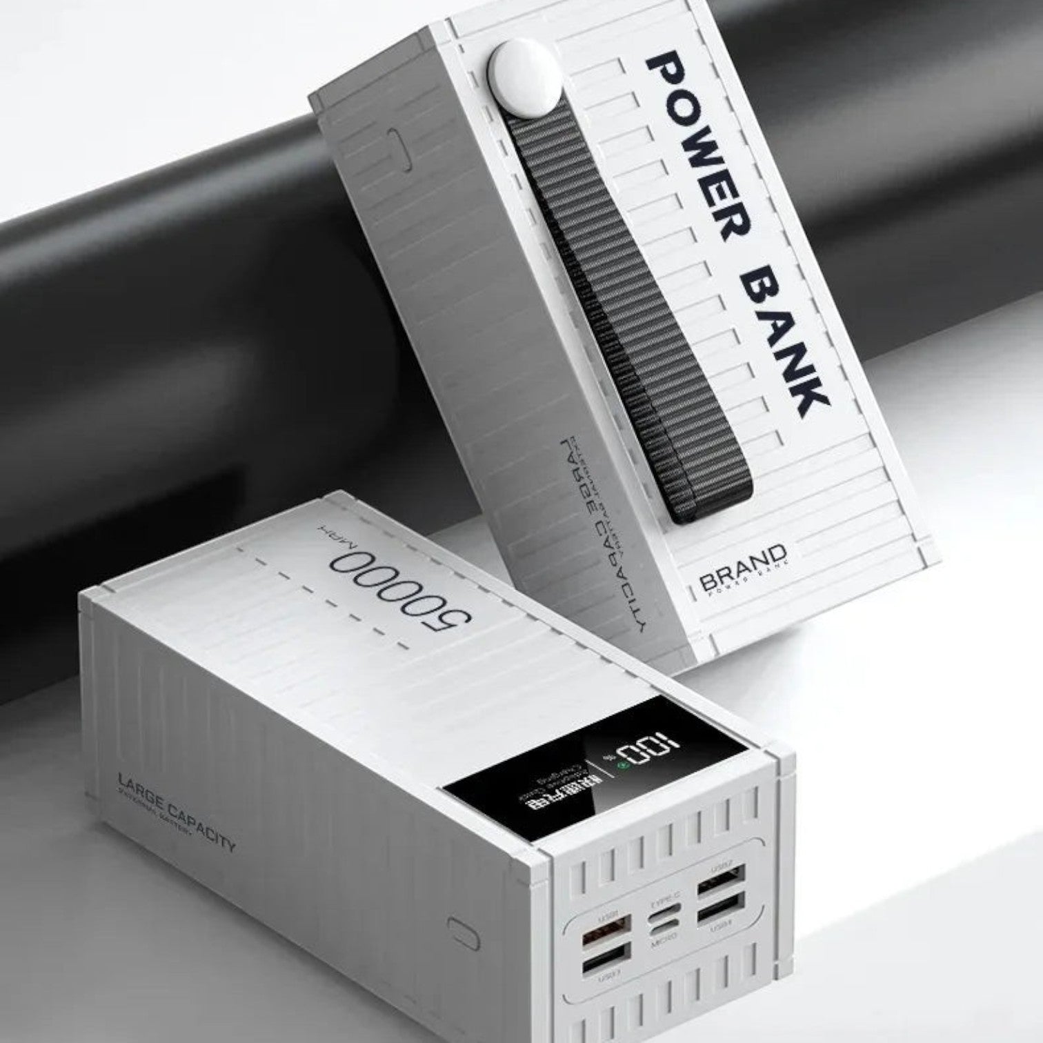zero2cart 50000mAh portable power bank in white with a digital display, multiple USB ports, and a carrying strap.