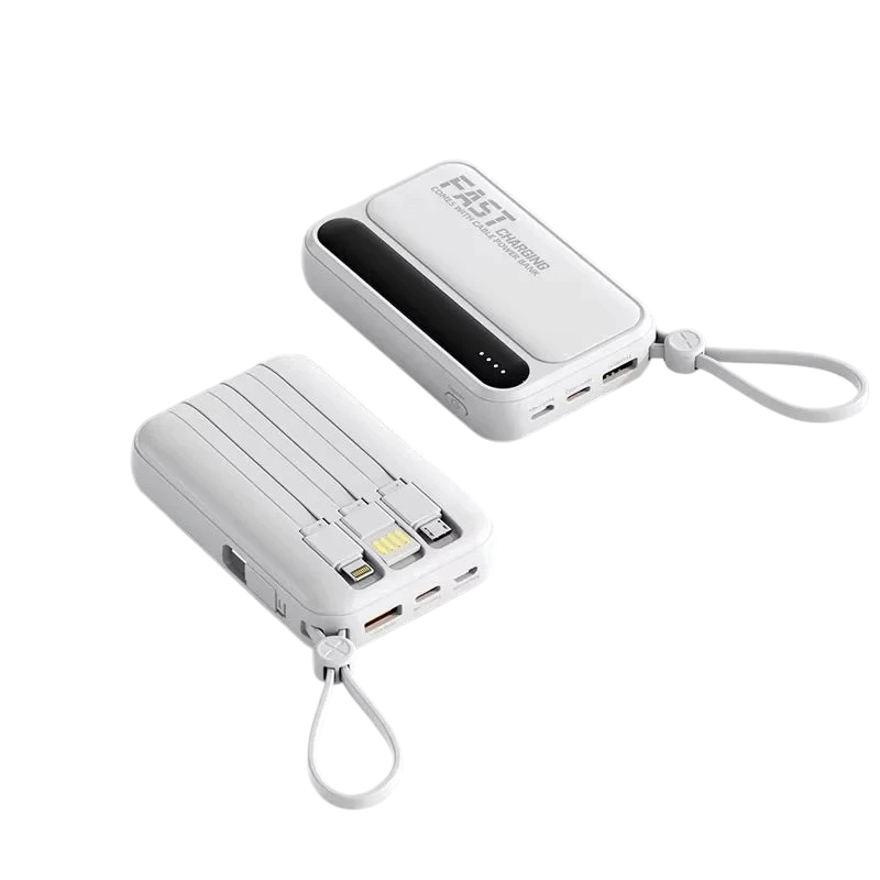 zero2cart white portable power bank with built-in charging cables, digital display, and carry strap