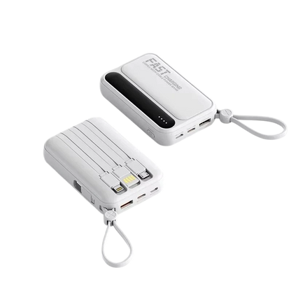 zero2cart white portable power bank with built-in charging cables, digital display, and carry strap