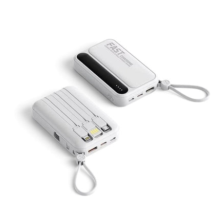 zero2cart white portable power bank with built-in charging cables, digital display, and carry strap