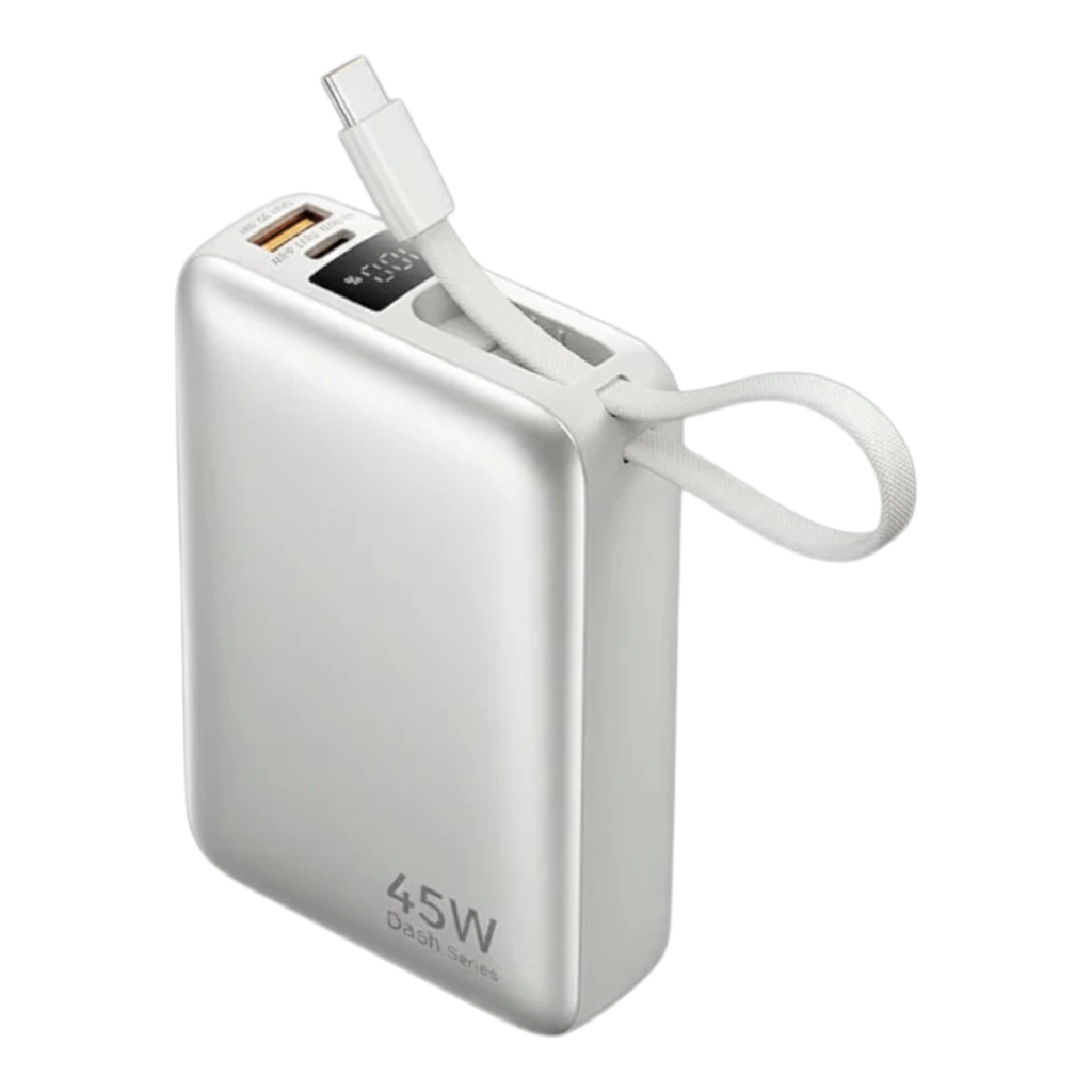 zero2cart 20000mAh portable power bank in white with built-in USB-C cable, digital display, and 45W fast charging.