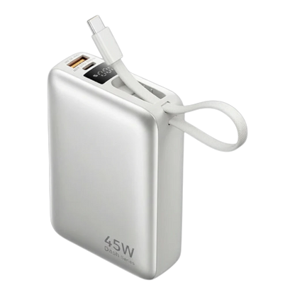 zero2cart 20000mAh portable power bank in white with built-in USB-C cable, digital display, and 45W fast charging.