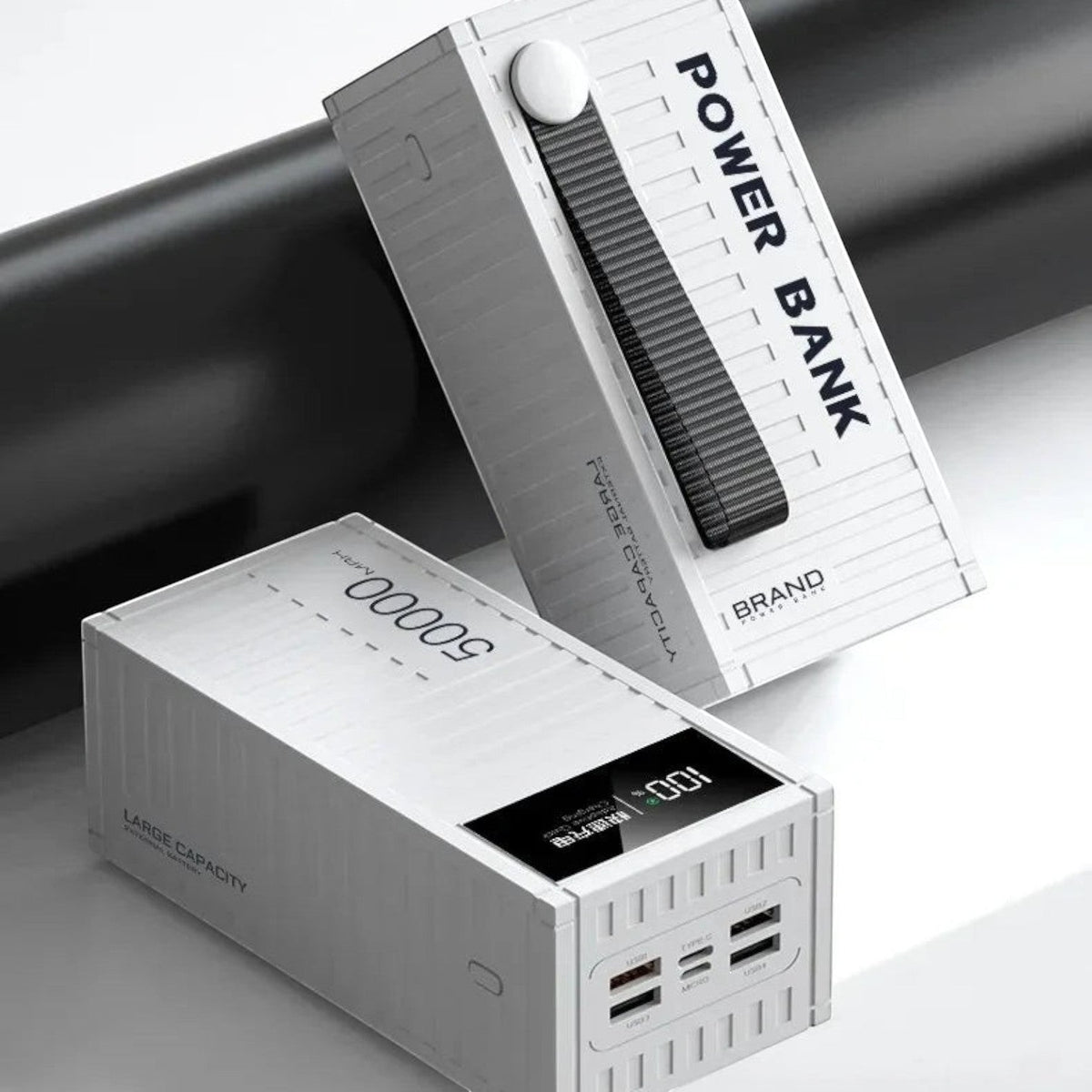 zero2cart 50000mAh portable power bank in white with a digital display, multiple USB ports, and a carrying strap.