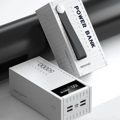 zero2cart 50000mAh portable power bank in white with a digital display, multiple USB ports, and a carrying strap.
