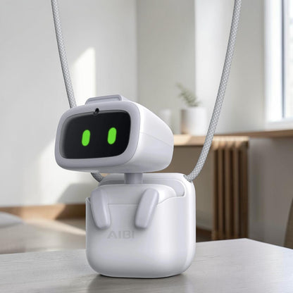 zero2cart white smart interactive robot toy with a digital screen face and rotating camera on a neck lanyard