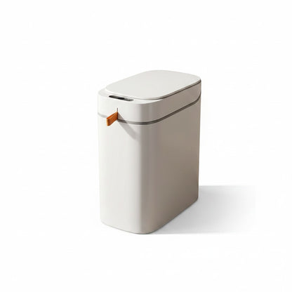 zero2cart white rechargeable smart sensor trash can with a slim rectangular design and orange pull tab
