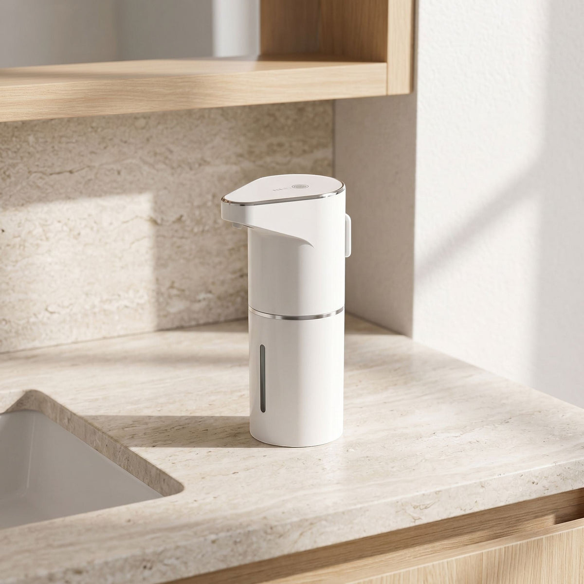 zero2cart white rechargeable touchless soap dispenser on a modern bathroom countertop