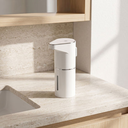 zero2cart white rechargeable touchless soap dispenser on a modern bathroom countertop
