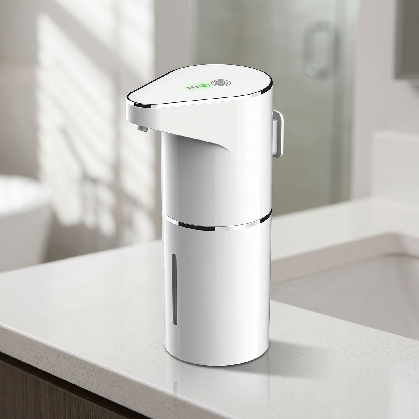 zero2cart white rechargeable touchless soap dispenser on a bathroom countertop with a sleek minimalist design