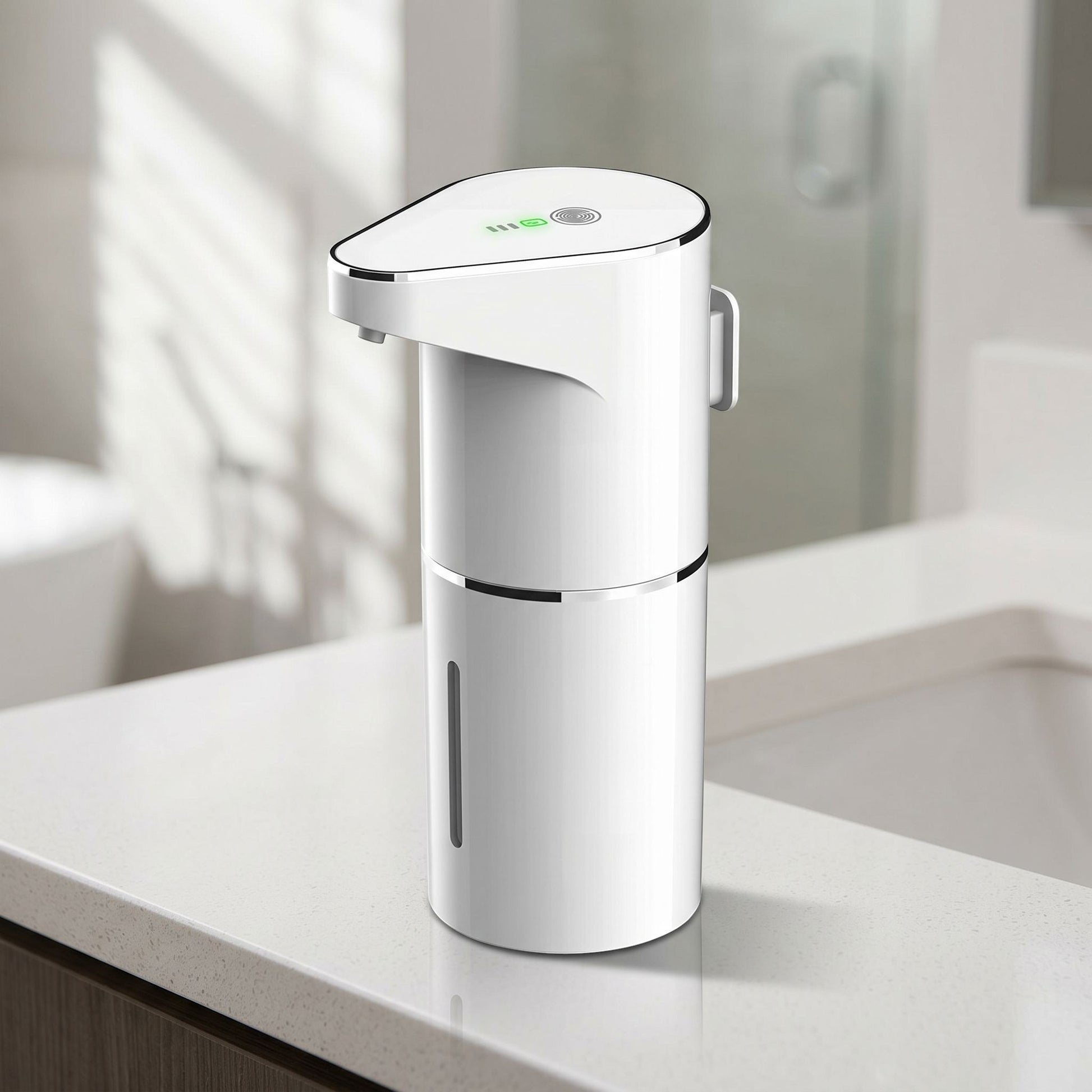 zero2cart white rechargeable touchless soap dispenser on a bathroom countertop with a sleek minimalist design