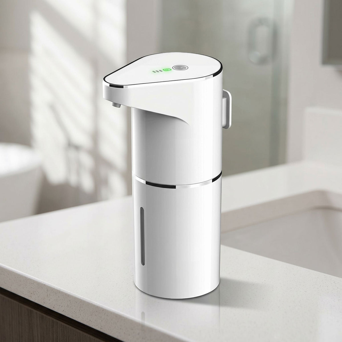 zero2cart white rechargeable touchless soap dispenser on a bathroom countertop with a sleek minimalist design