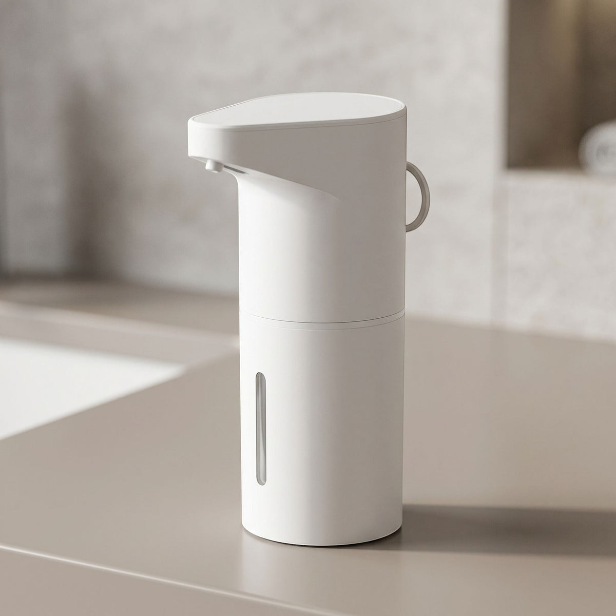 zero2cart white rechargeable touchless soap dispenser with a minimalist design on a neutral countertop