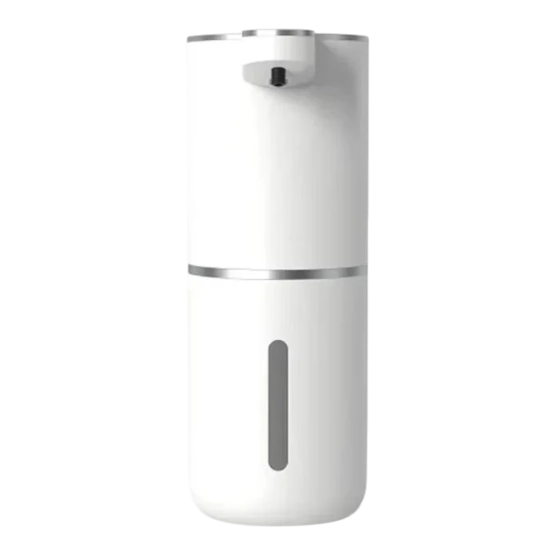 zero2cart white rechargeable touchless soap dispenser with a minimalist cylindrical design and liquid level window