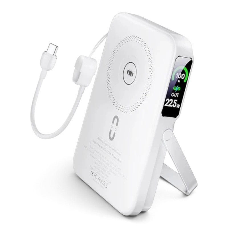 zero2cart white 10000mAh wireless power bank with magnetic stand, built-in cable, and digital TFT battery display.
