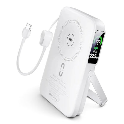 zero2cart white 10000mAh wireless power bank with magnetic stand, built-in cable, and digital TFT battery display.