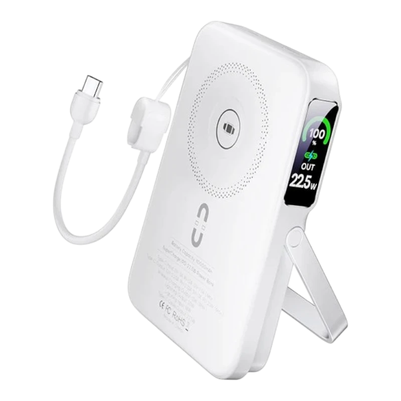 zero2cart white 10000mAh wireless power bank with magnetic stand, built-in cable, and digital TFT battery display.