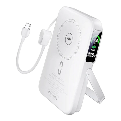 zero2cart white 10000mAh wireless power bank with magnetic stand, built-in cable, and digital TFT battery display.