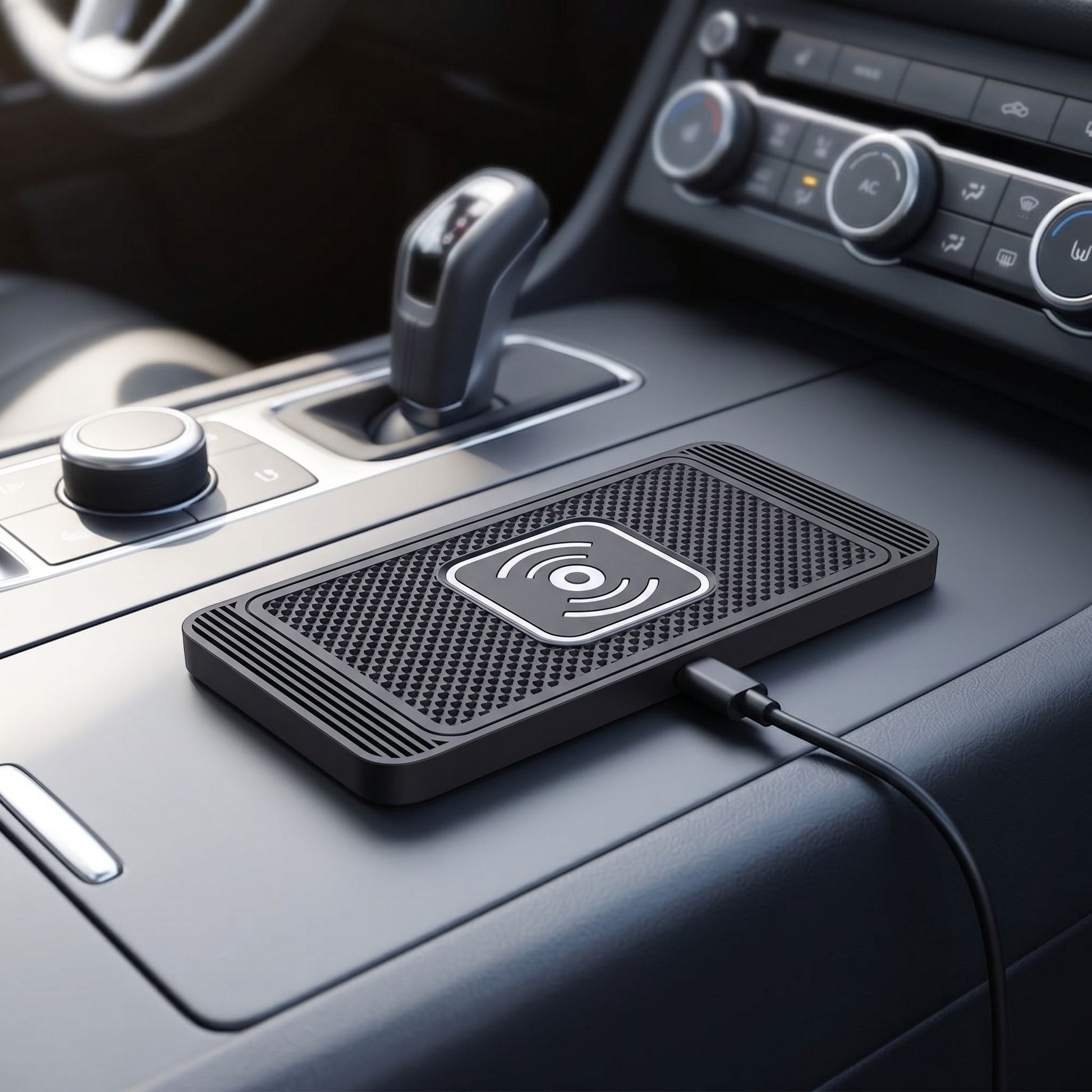 zero2cart slim black wireless charging pad with textured surface installed on a car center console