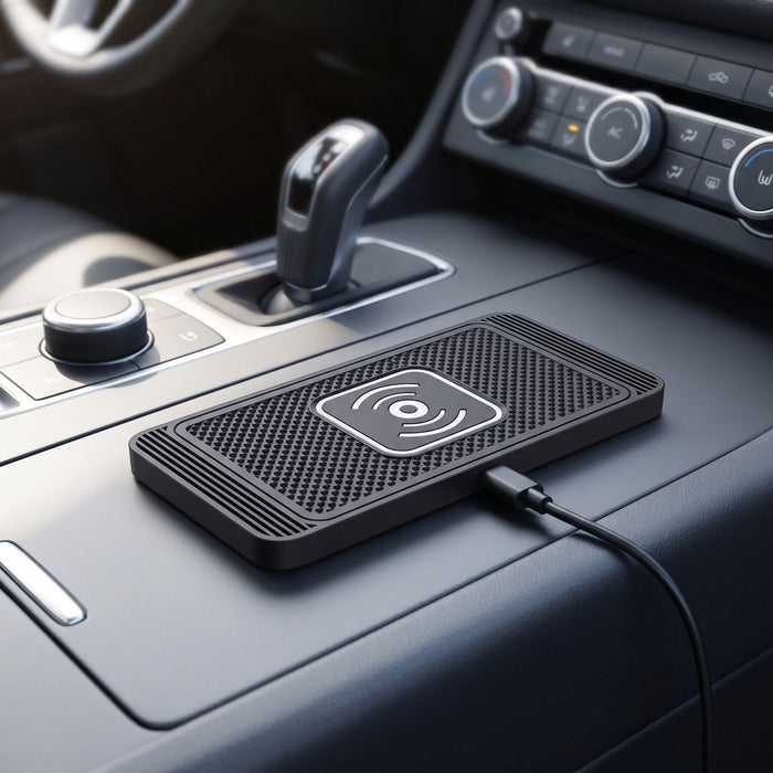 zero2cart slim black wireless charging pad with textured surface installed on a car center console