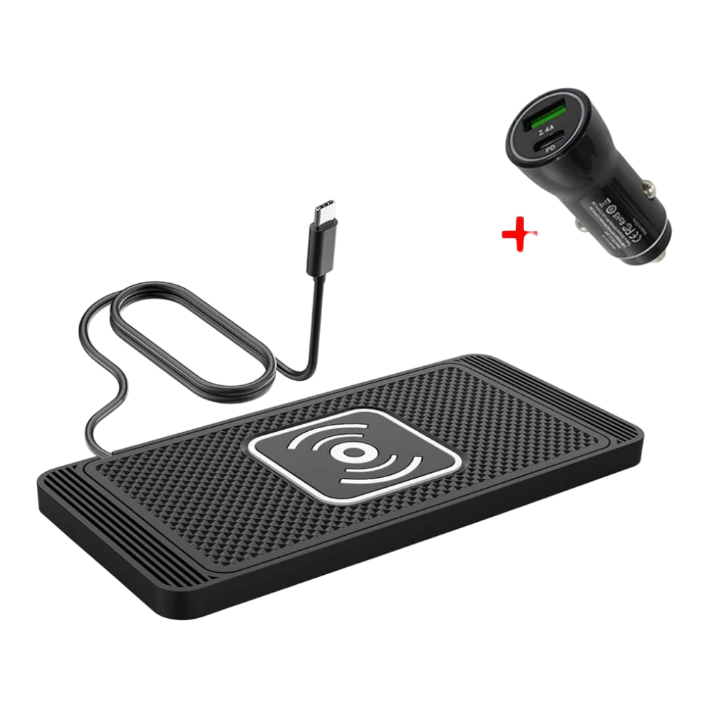 zero2cart 15W wireless car charging pad with Type-C cable and dual-port USB car adapter on black background