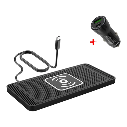 zero2cart 15W wireless car charging pad with Type-C cable and dual-port USB car adapter on black background