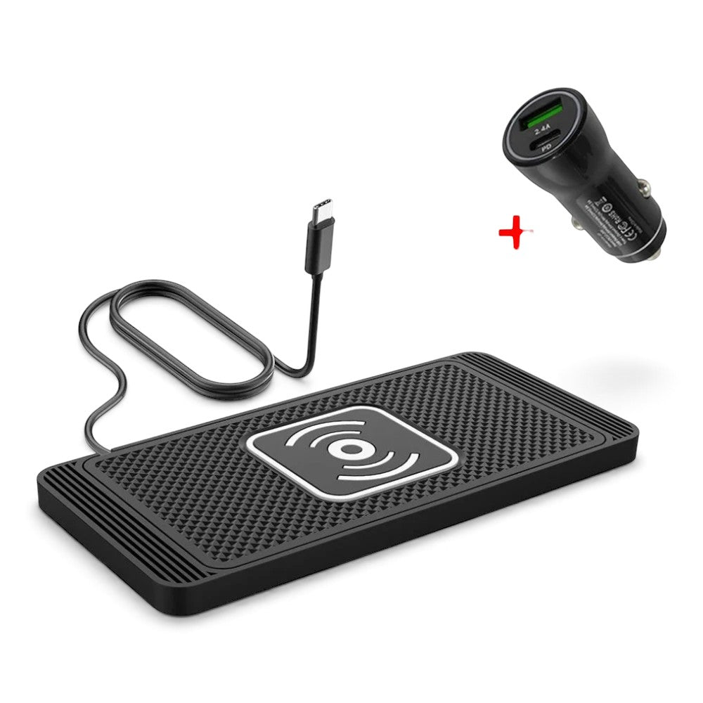 zero2cart 15W wireless car charging pad with Type-C cable and dual-port USB car adapter on black background