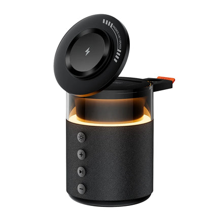 zero2cart 5-in-1 wireless charging station with built-in speaker and lamp in black fabric finish