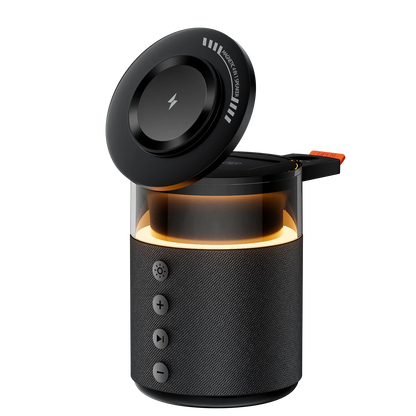 zero2cart 5-in-1 wireless charging station with magnetic phone mount, built-in lamp, and Bluetooth speaker
