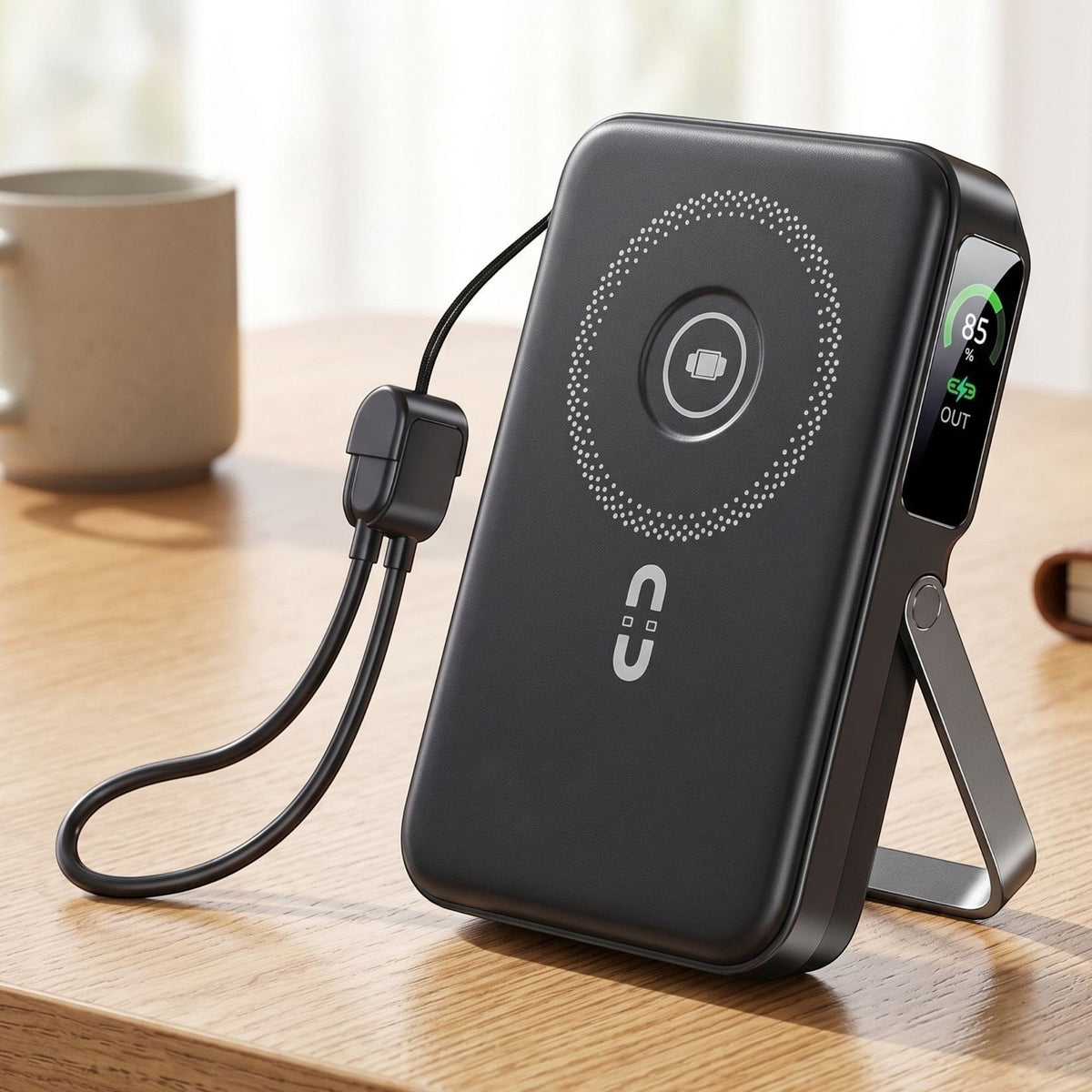 zero2cart black 10000mAh wireless power bank with a digital display, built-in cable, and fold-out metal stand on a desk