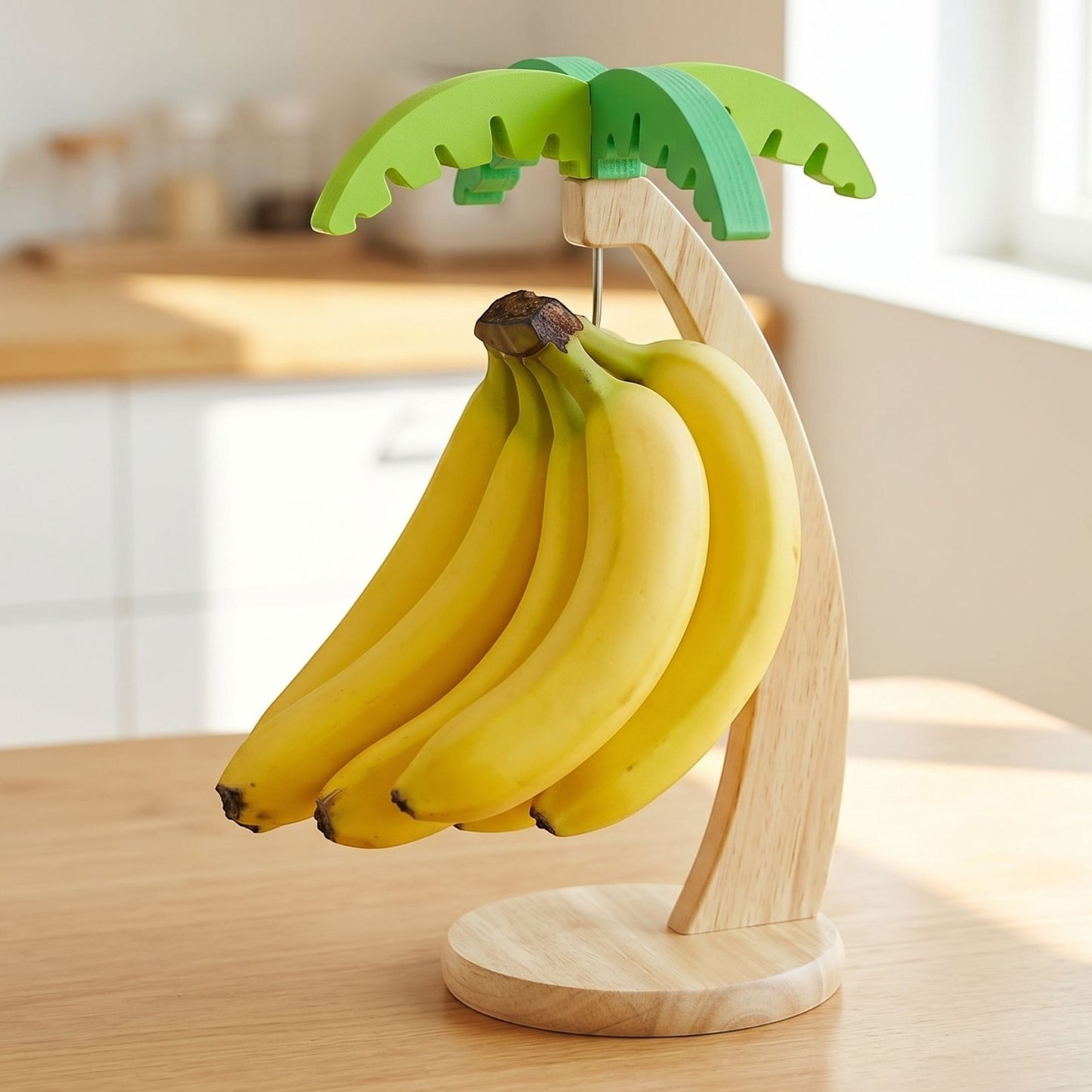 zero2cart wooden banana hanging rack shaped like a palm tree with green leaves and a natural wood base on a table