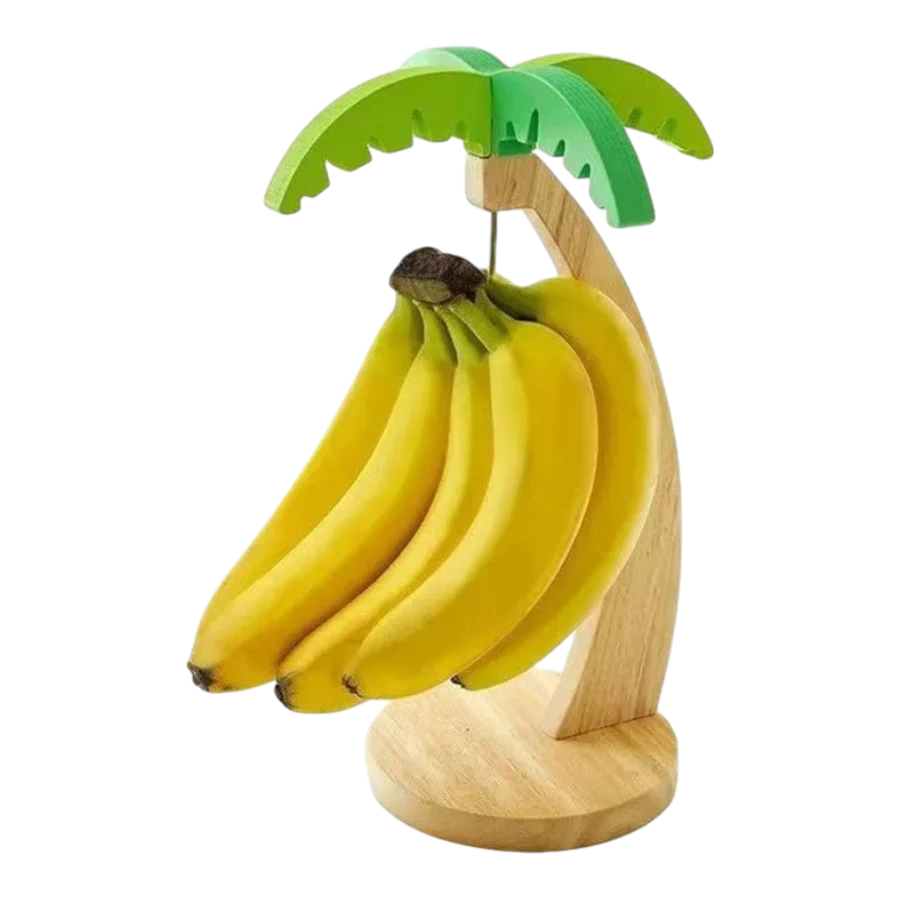 zero2cart wooden banana hanging rack with a palm tree design and green leaves for kitchen fruit storage
