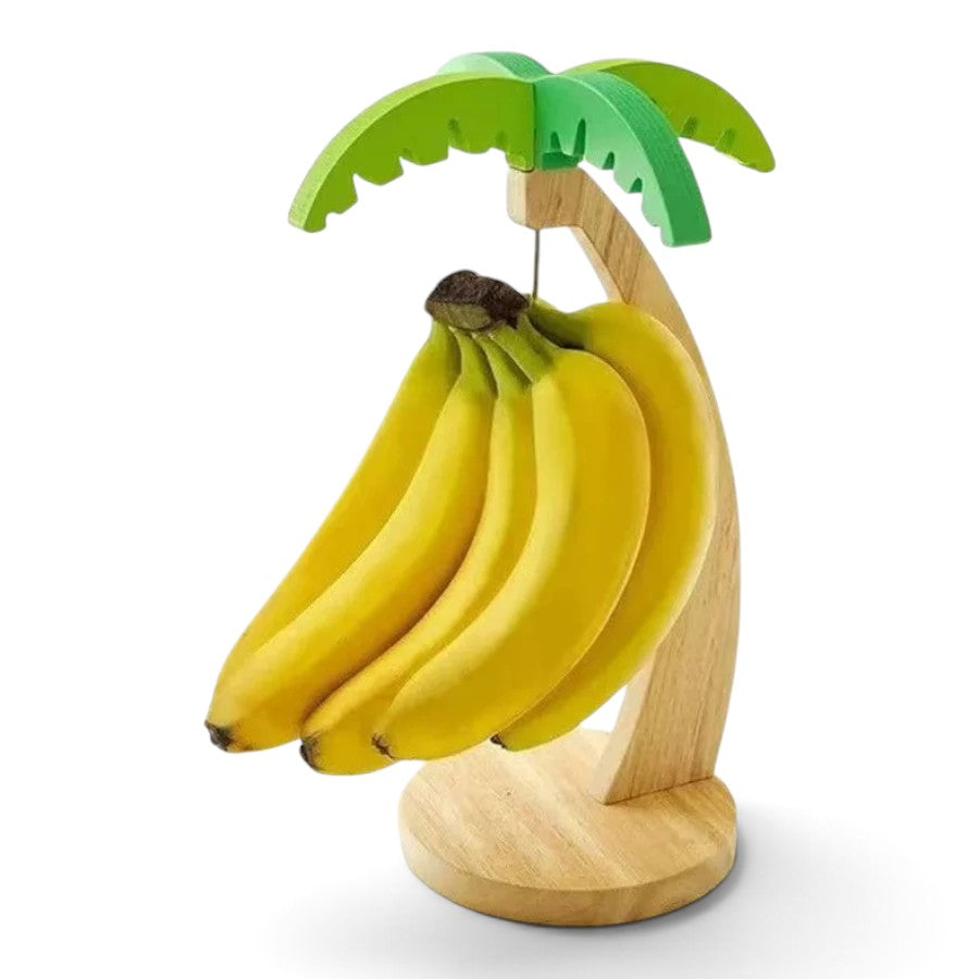 zero2cart wooden banana hanging rack with a palm tree design and green leaves for kitchen fruit storage