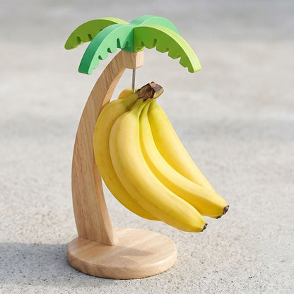 zero2cart wooden banana hanging rack shaped like a palm tree with a natural wood base and green leaf top