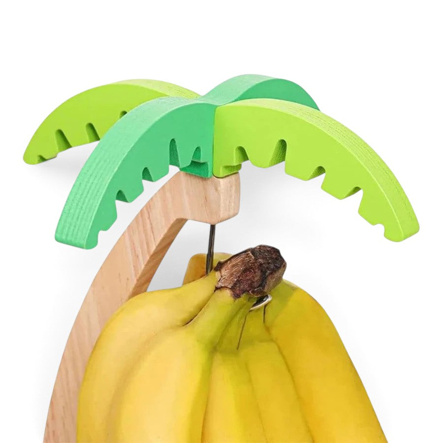 zero2cart wooden banana hanging rack shaped like a palm tree with green leaves holding a bunch of fresh yellow bananas