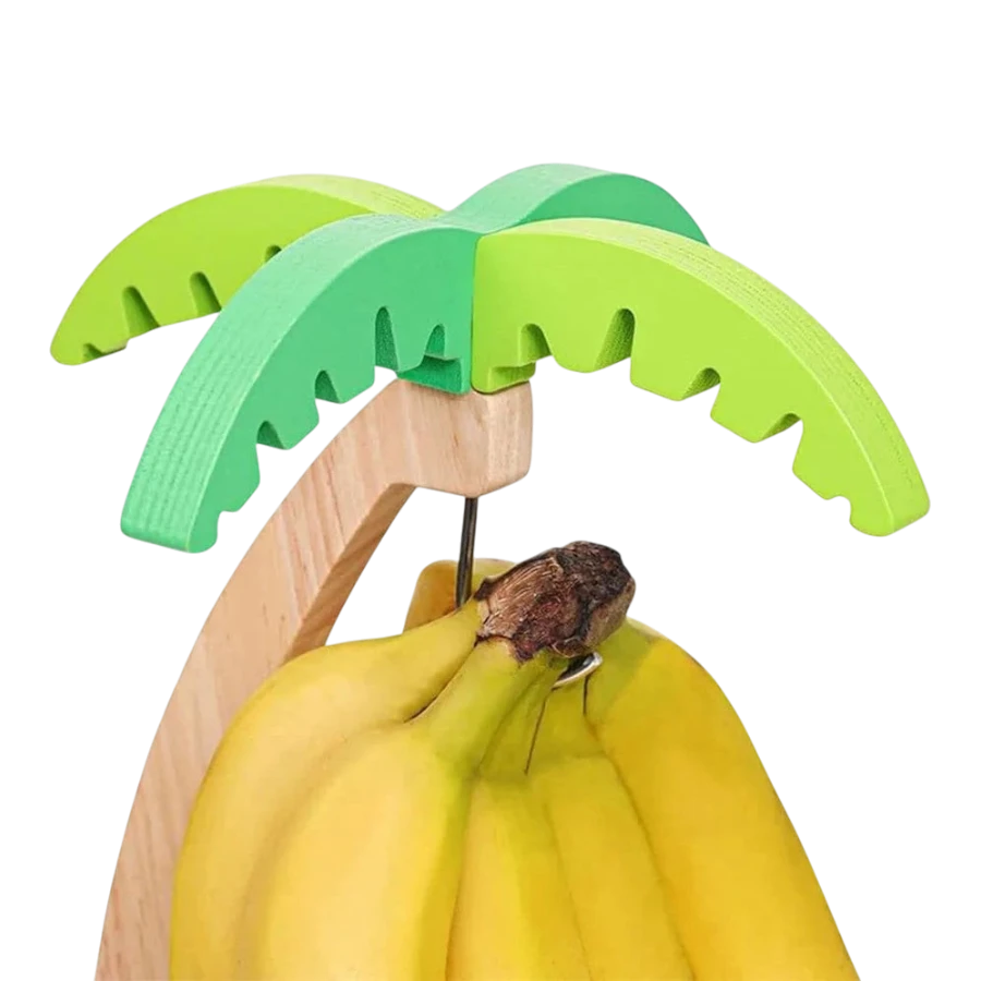 zero2cart wooden banana hanging rack shaped like a palm tree with green leaves holding a bunch of fresh yellow bananas
