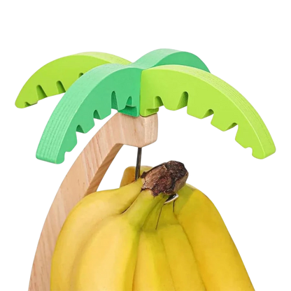 zero2cart wooden banana hanging rack shaped like a palm tree with green leaves holding a bunch of fresh yellow bananas