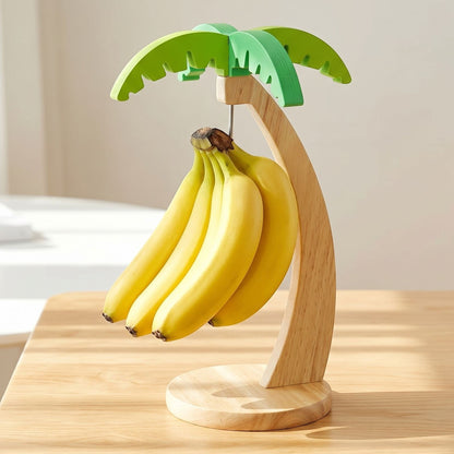 zero2cart wooden banana hanging rack shaped like a palm tree with green leaves on a light wood base