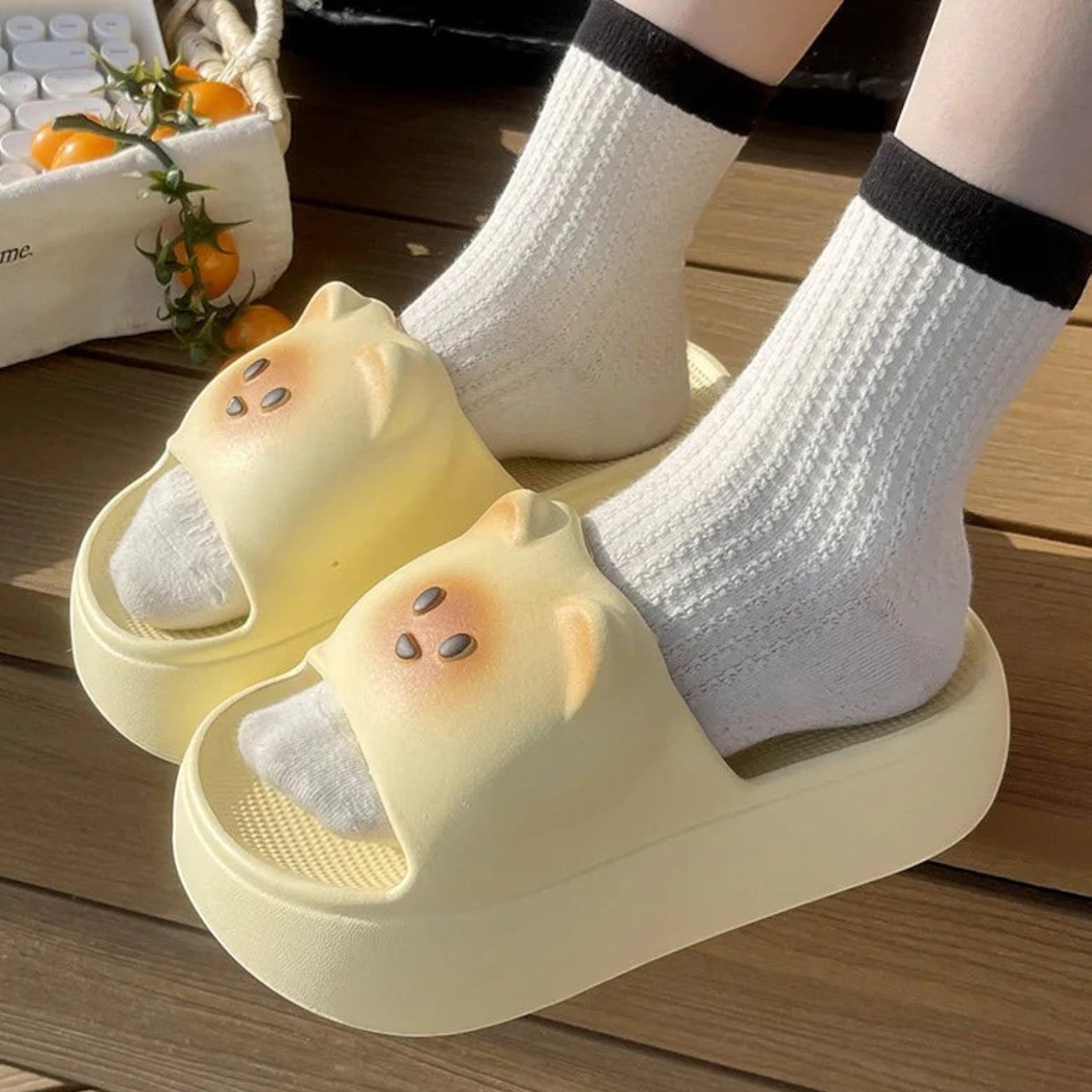 zero2cart yellow EVA cat paw slides with a thick platform sole worn with white socks for indoor comfort